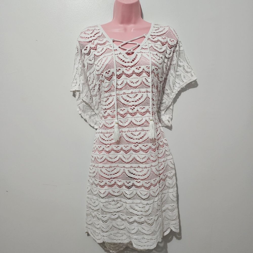 Time & Tru - Swim Cover-up Lace Sheer Short Sleeve Tassels - Size XL - White